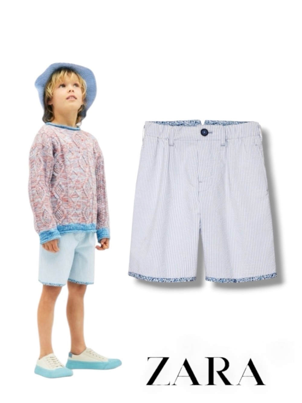 ZARA Kids Blue Contrast Hem Striped Textured Shorts Limited Edition NWT Size 6